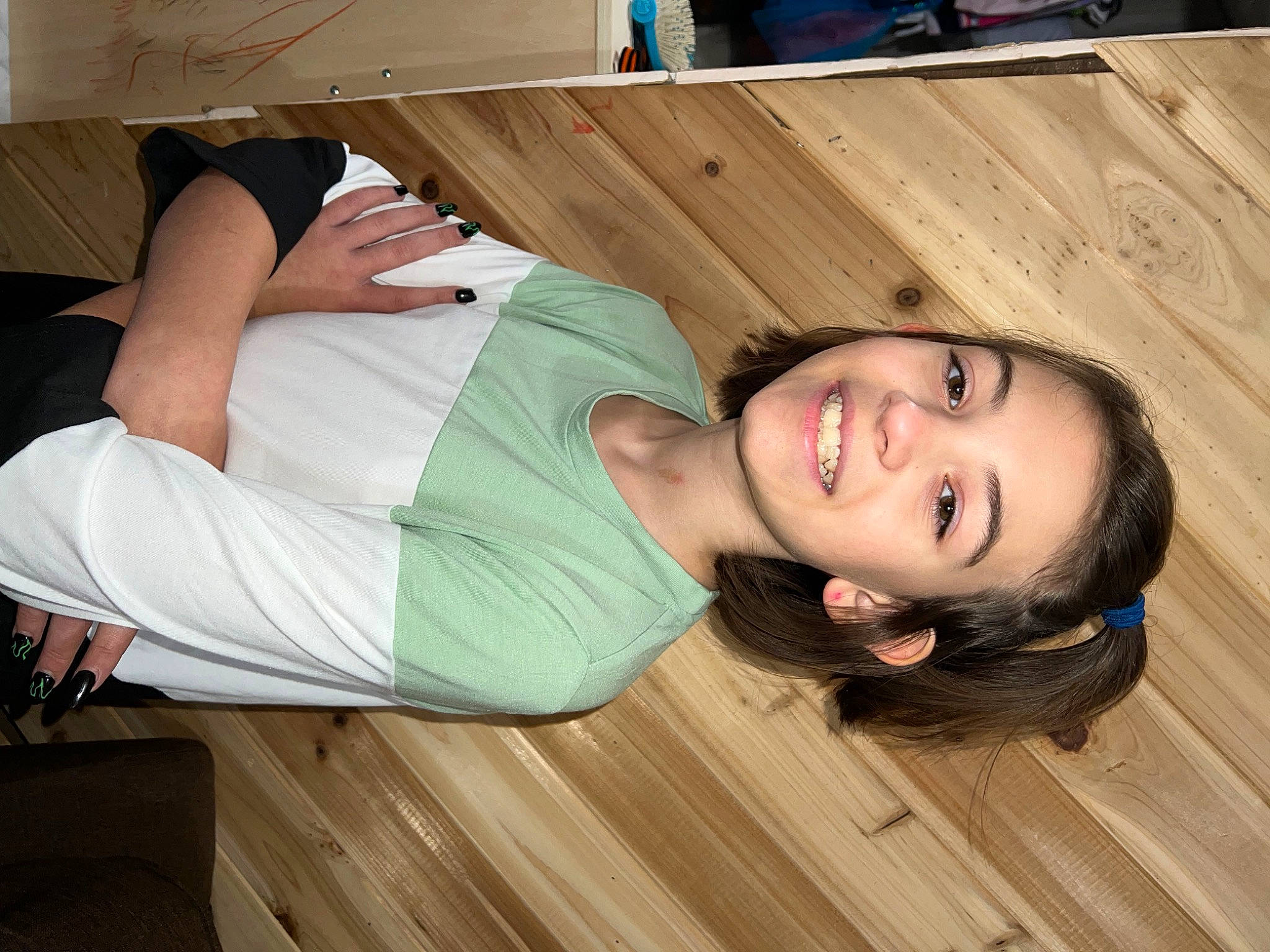 Allison joined the competition — help win amazing prizes! brown_hair, comfort, elbow, flash_photography, flooring, fun, happy, hardwood, human_leg, joy, knee, long_hair, person, sitting, skin, smile, thigh, throat, varnish, wood