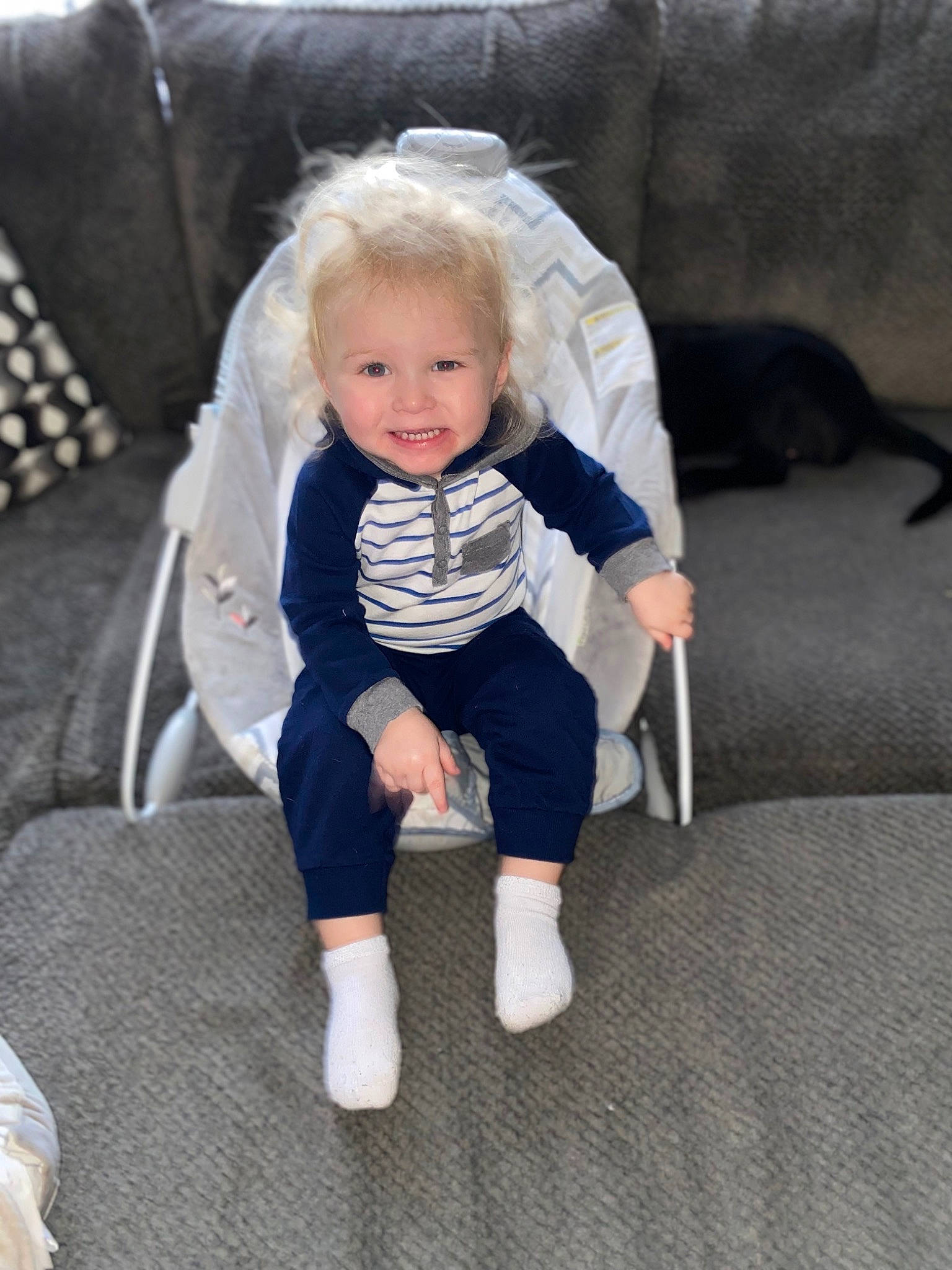 Keegan joined the competition — help win amazing prizes! baby, baby_carriage, baby_products, baby_toddler_clothing, chair, cheek, child, comfort, electric_blue, eye, floor, flooring, head, joy, leg, person, sitting, skin, sleeve, smile