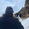 Neko a rejoint le concours — aidez-le/la à gagner de superbes lots ! cat, tuxedo_cat, black_and_white, animal, pet, whiskers, yellow_eyes, collar, snow, winter, mountains, rocky_slope, pine_trees, outdoors, hiking, adventure, human, beanie, coat, portrait