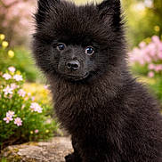 Neko a rejoint le concours — aidez-le/la à gagner de superbes lots ! puppy, black_dog, fluffy, cute, pet, outdoor, flowers, garden, nature, stone_path, animal, young_dog, fur, portrait, sitting, greenery, spring, adorable, small_dog, background_blur