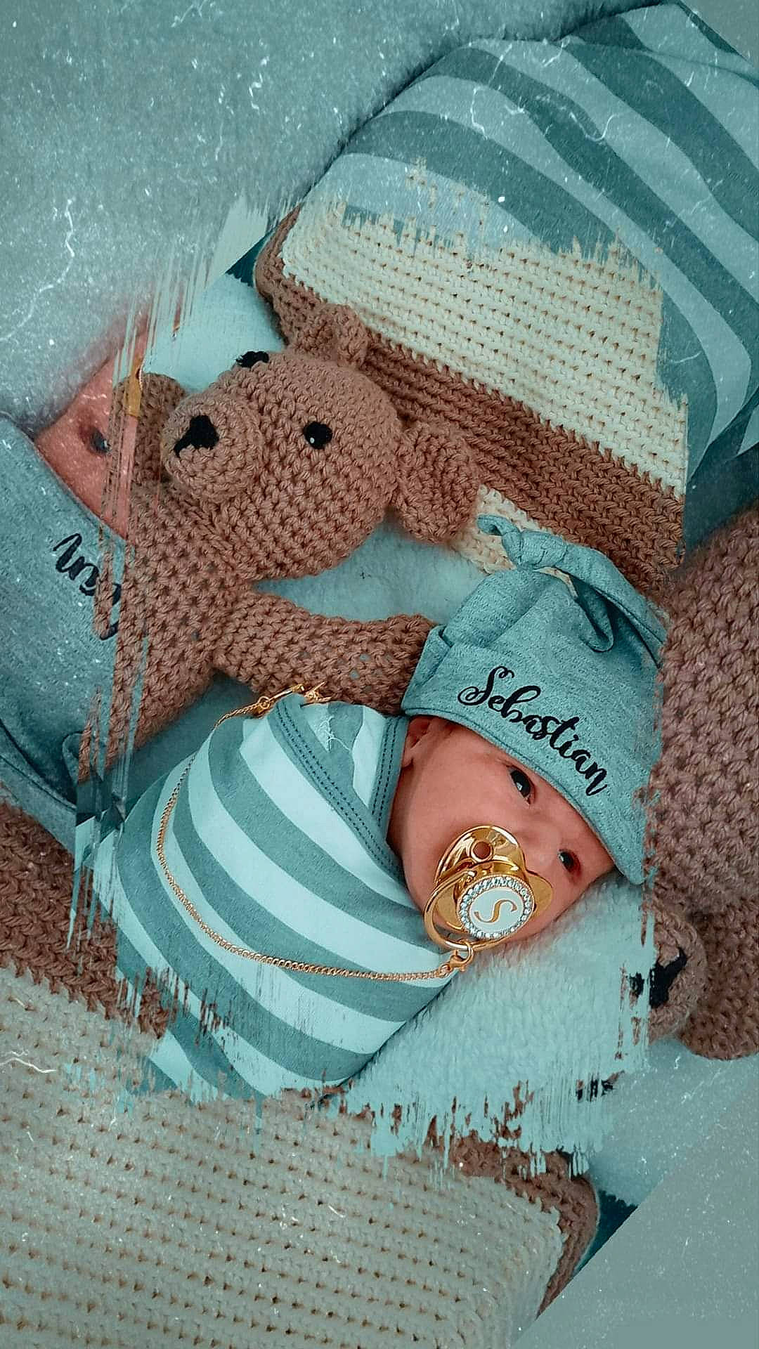 Sebastian is registered to the contest to win money with this photo: aqua, art, baby, baby_products, baby_sleeping, baby_toddler_clothing, circle, craft, creative_arts, crochet, fashion_accessory, headwear, linens, needlework, pattern, person, pink, textile, thread, toddler