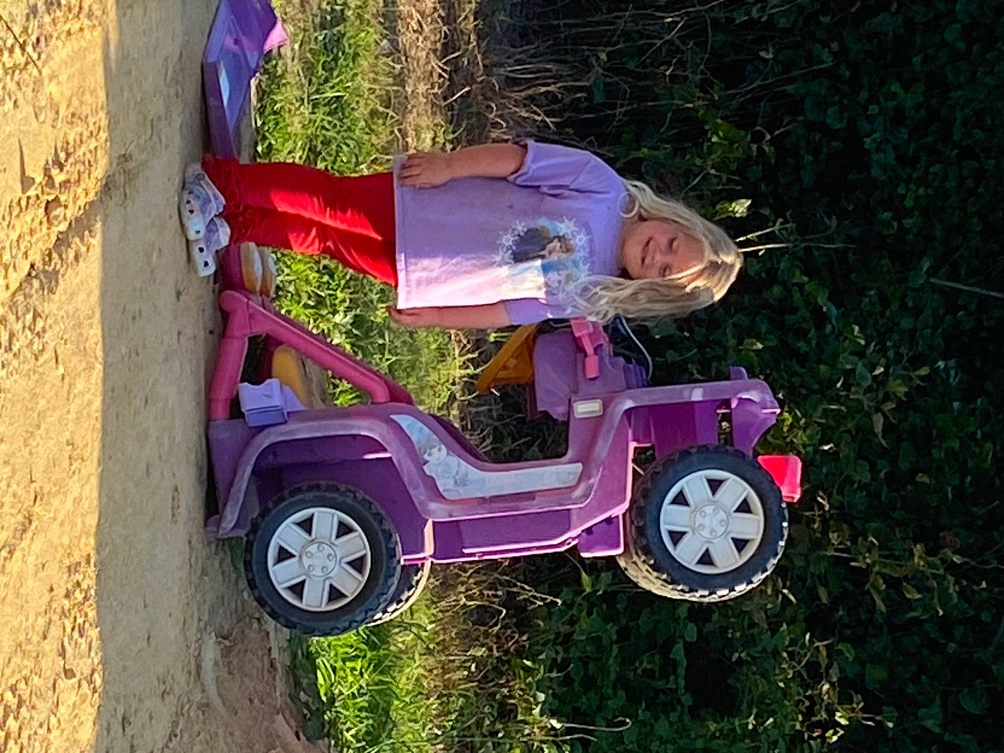 Theodora is registered to the contest to win money with this photo: automotive_design, automotive_exterior, automotive_tire, automotive_wheel_system, car, fender, fun, grass, joy, leisure, magenta, motor_vehicle, person, pink, plant, purple, riding_toy, smile, tire, tread