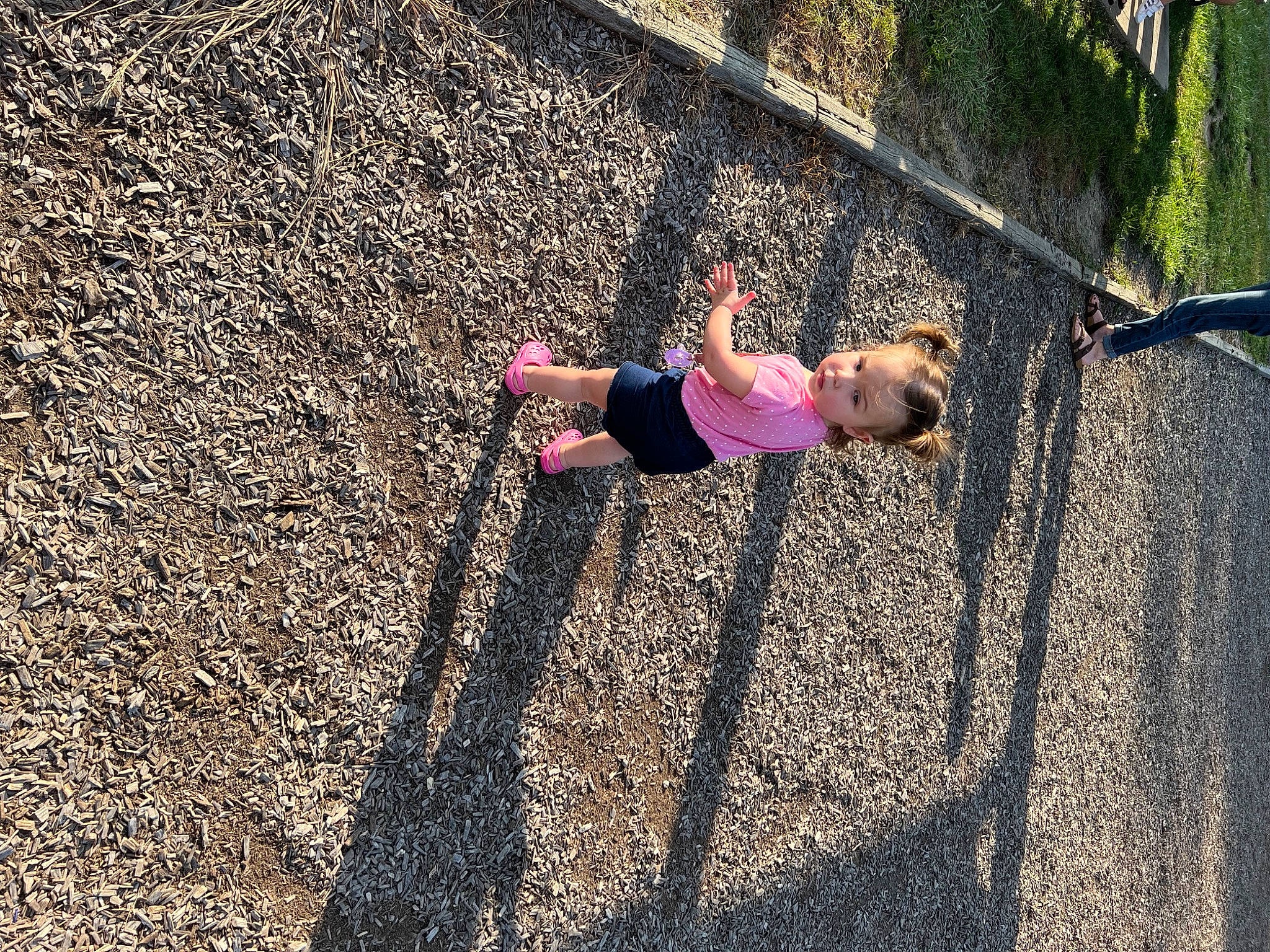 Raelynn is registered to the contest to win money with this photo: asphalt, city, fun, grass, landscape, leisure, magenta, outdoor_play_equipment, people_in_nature, person, plant, play, recreation, road, road_surface, shadow, sidewalk, soil, toddler, tree