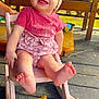 baby, barefoot, child, cute, foot, happy, headband, infant, nature, outdoor, pink_clothing, playground, portrait, rocking_chair, seat, smiling, summer, sunlight, toy, wooden_floor