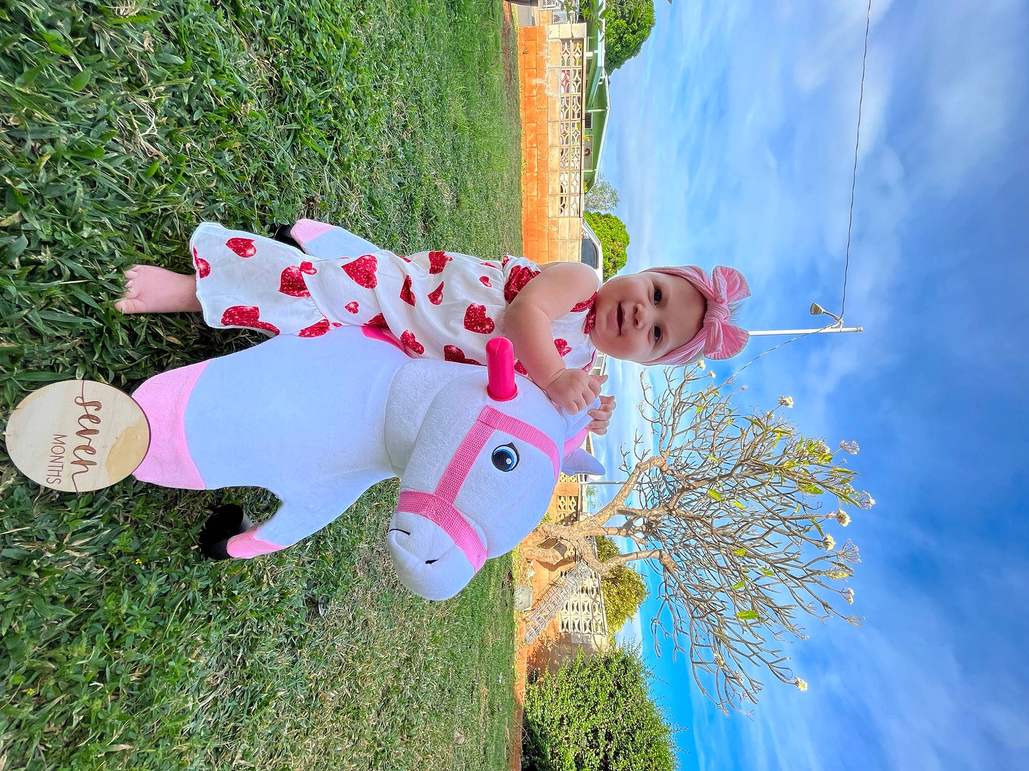 Nova is registered to the contest to win money with this photo: carmine, child, cloud, event, fun, grass, happy, headwear, leisure, pattern, people_in_nature, person, plant, pole, sky, toddler, tree, water