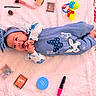 baby, infant, blue_outfit, butterfly_pattern, headband, smiling, lying_down, blanket, makeup_brush, makeup_compact, lipstick, baby_toy, colorful, cute, happy, soft_texture, closeup, indoors, child, playful