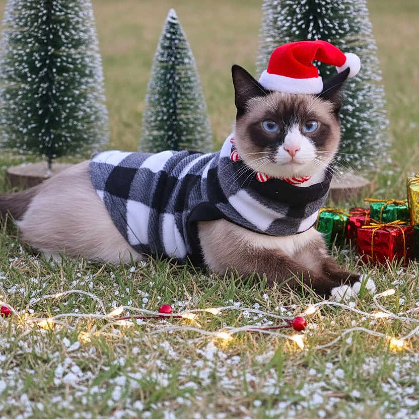 Sir Nova joined the competition — help win amazing prizes! animal, blue_eyes, cat, celebration, christmas_trees, costume, festive, gift_boxes, grass, holiday, lying_down, miniature_trees, outdoor, pet, presents, santa_hat, snow, string_lights, sweater, winter_decor