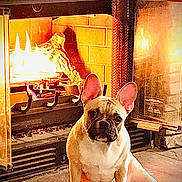 Sofie is registered to the contest to win money with this photo: dog, french_bulldog, fireplace, fire, warmth, brick_wall, glass_door, indoor, pet, sitting, cozy, floor, paw, ears, snout, light, shadow, relaxation, home, comfort