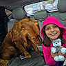 Grizzly is registered to the contest to win money with this photo: child, dog, golden_retriever, stuffed_animal, car_interior, rainy_window, hoodie, smiling, happy, pet, backseat, seat, toy, cute, indoor, animal, friendship, young_girl, cozy, companion