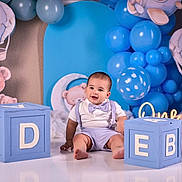 Liam joined the competition — help win amazing prizes! baby, balloons, birthday, blocks, blue, bow_tie, celebration, child, cute, decorations, floor, happy, hot_air_balloon, indoor, one_year_old, photography, portrait, smiling, suspenders, teddy_bear