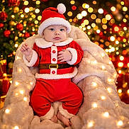 Kai joined the competition — help win amazing prizes! baby, christmas, santa_claus_outfit, red_clothing, holiday_lights, bokeh, festive, decorations, cozy_chair, fur_blanket, cute, indoors, portrait, holiday_season, child, smiling, celebration, holiday_decor, christmas_tree, warm