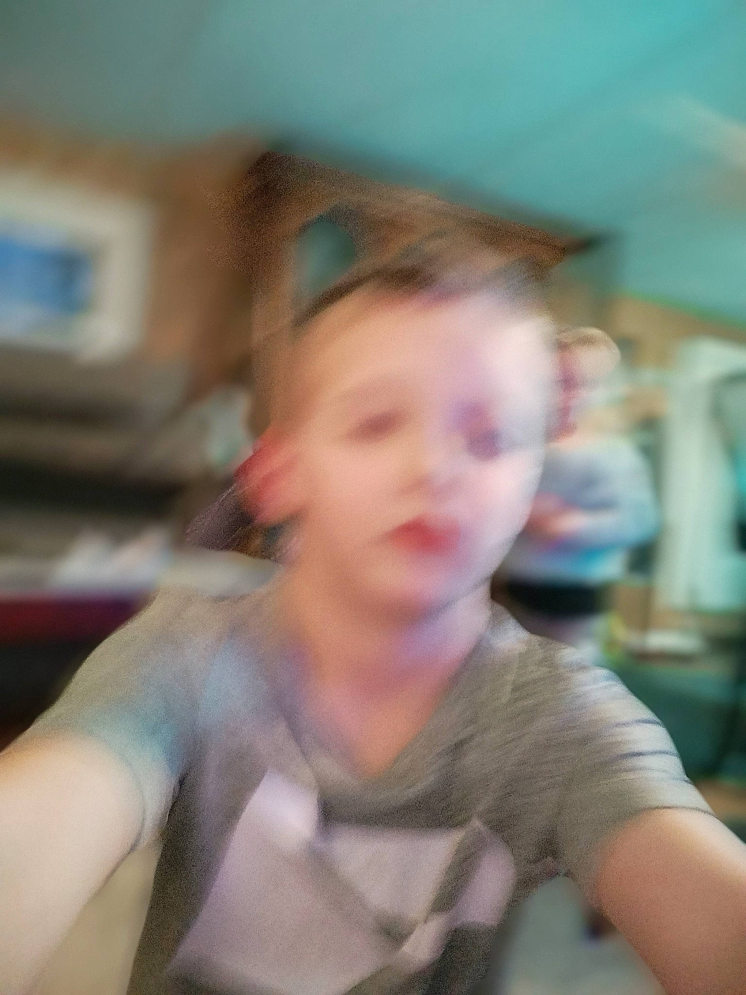 Karter is registered to the contest to win money with this photo: abdomen, barechested, blurred, chest, child, eyewear, fun, happy, leisure, person, room, sitting, t_shirt, trunk, vacation