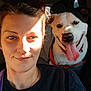 Molly joined the competition — help win amazing prizes! woman, dog, car_interior, selfie, smiling, sunlight, tongue_out, casual, seat, glasses, hair, happy, pet, collar, seatbelt, closeup, portrait, daylight, human, animal