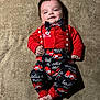 baby, infant, child, bow_tie, suspenders, red_clothing, valentines_day, hearts, carpet, blanket, lying_down, portrait, smile, hands, feet, cute, indoors, fashion, soft_texture, young_baby