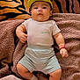 Derek Caleth is registered to the contest to win money with this photo: baby, infant, cap, sneakers, shorts, tshirt, blanket, plush, patterned_background, tiger_stripes, lying_down, child, footwear, cute, indoors, soft_texture, colored_clothing, bracelet, sock, resting