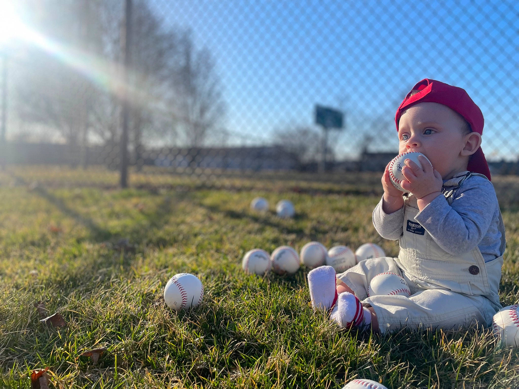 Talon joined the competition — help win amazing prizes! baby_toddler_clothing, ball, cap, daytime, flash_photography, grass, grassland, happy, hat, headwear, light, meadow, morning, people_in_nature, person, photograph, plant, sky, sports_equipment, sunlight