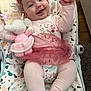 Amelia is registered to the contest to win money with this photo: baby, infant, smiling, pink_clothing, headband, knitted_toy, bunny, baby_chair, patterned_fabric, 5_months_sign, happy, cute, indoor, milestone, child, toddler, soft_toy, legs, sitting, portrait