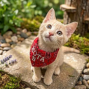 Dakota joined the competition — help win amazing prizes! animal, cat, curious, cute, ears, fur, garden, greenery, kitten, moss, nature, outdoor, pebbles, pet, portrait, red_bandana, small, stone_path, whiskers, young