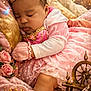 baby, sleeping_baby, princess, tiara, pink_dress, knit_mitten, roses, pillow, blanket, fairytale, sparkles, crown, glass_slipper, spinning_wheel, book, soft_lighting, portrait, newborn, curly_hair, cozy