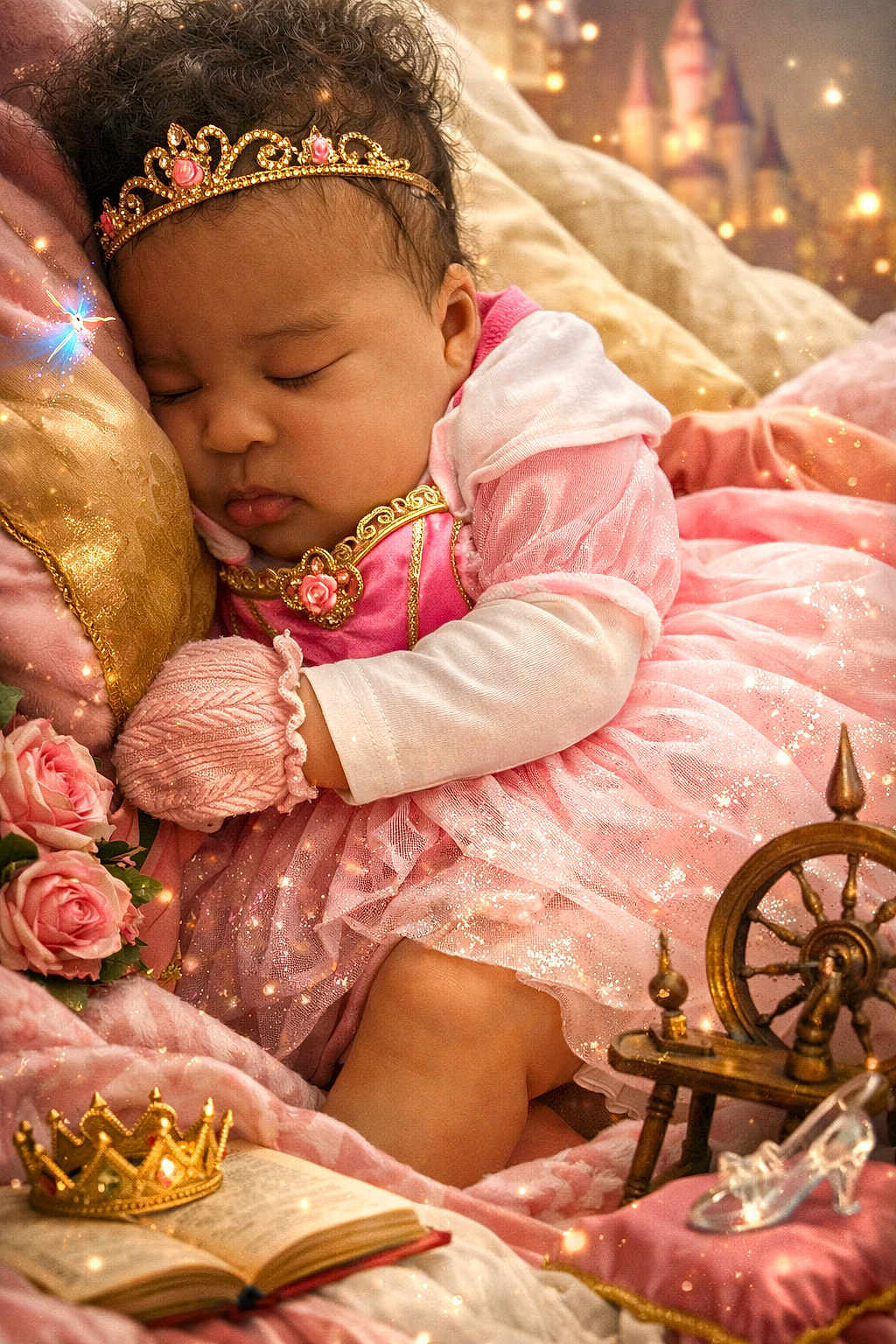 Nylah joined the competition — help win amazing prizes! baby, sleeping_baby, princess, tiara, pink_dress, knit_mitten, roses, pillow, blanket, fairytale, sparkles, crown, glass_slipper, spinning_wheel, book, soft_lighting, portrait, newborn, curly_hair, cozy