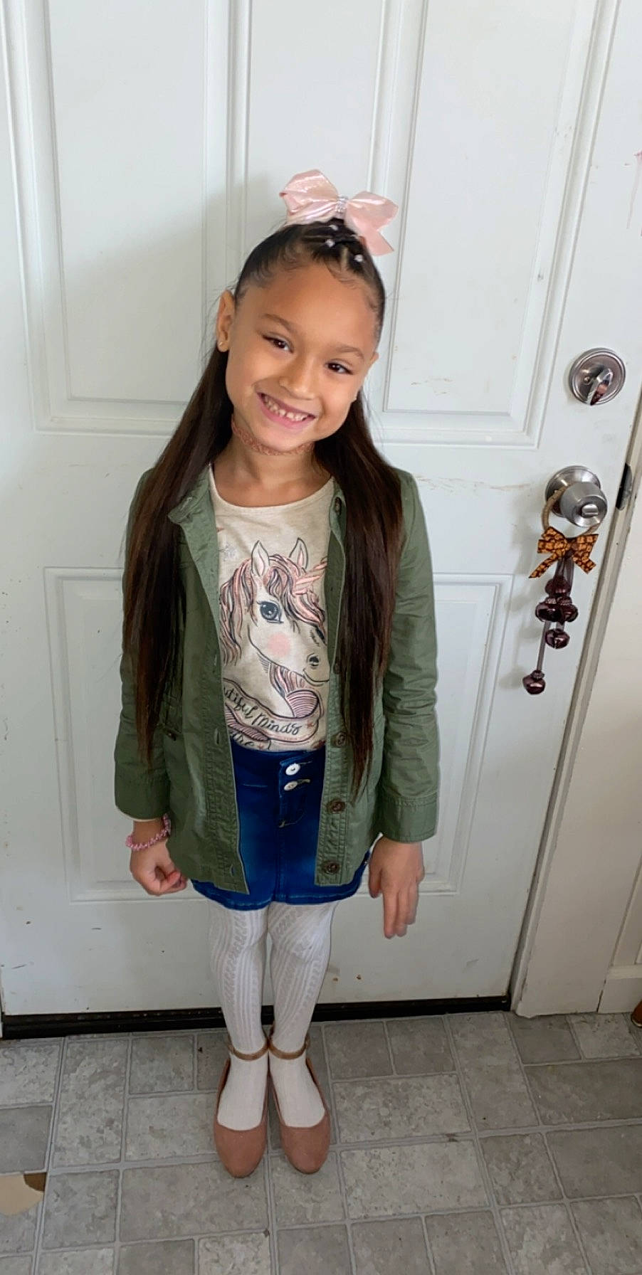Nevaeh joined the competition — help win amazing prizes! child, child_model, clothing, denim, footwear, jacket, joy, leggings, long_hair, outerwear, person, shoe, shorts, sleeve, t_shirt, tights, toddler, top, turquoise