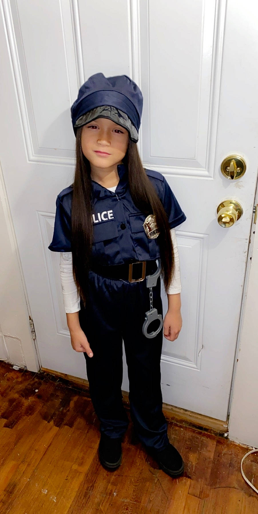 Nevaeh joined the competition — help win amazing prizes! black_hair, cap, clothing, costume, electric_blue, footwear, headgear, headwear, jeans, outerwear, overall, person, shoe, toddler, uniform, waist