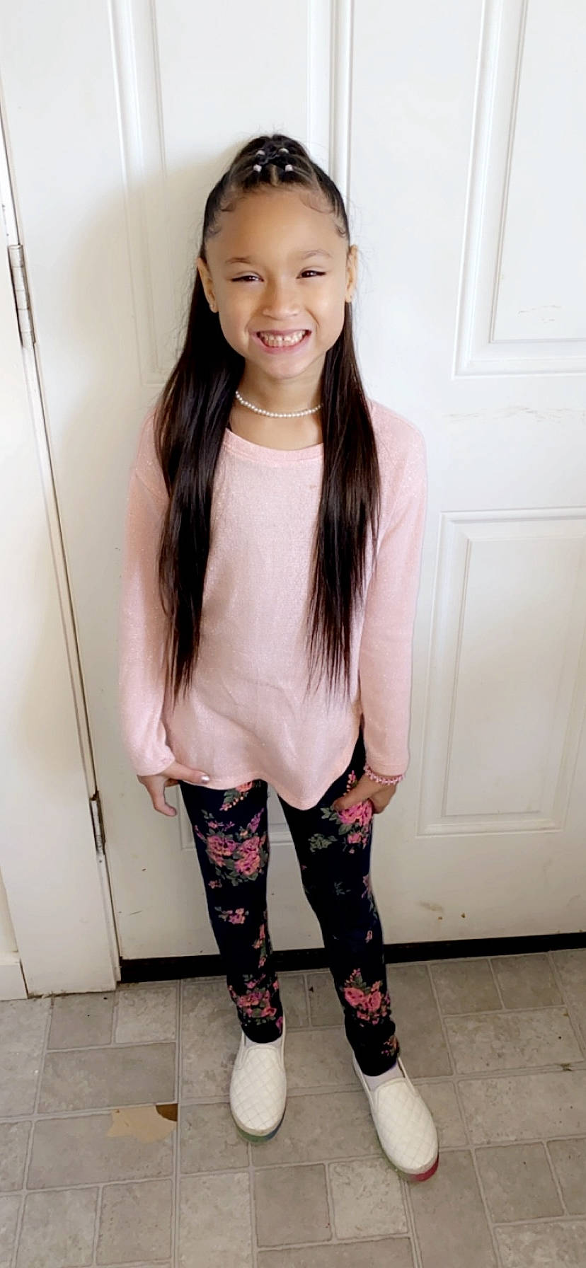 Nevaeh joined the competition — help win amazing prizes! brown_hair, child, child_model, clothing, fashion_accessory, footwear, hair, hair_coloring, hairstyle, joy, knee, leg, leggings, long_hair, person, pink, sleeve, smile, thigh, tights