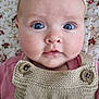 baby, infant, face, blue_eyes, headband, bow, knitted_clothing, buttons, pink_clothing, floral_background, blanket, closeup, portrait, cute, child, young, skin, expression, person, indoors