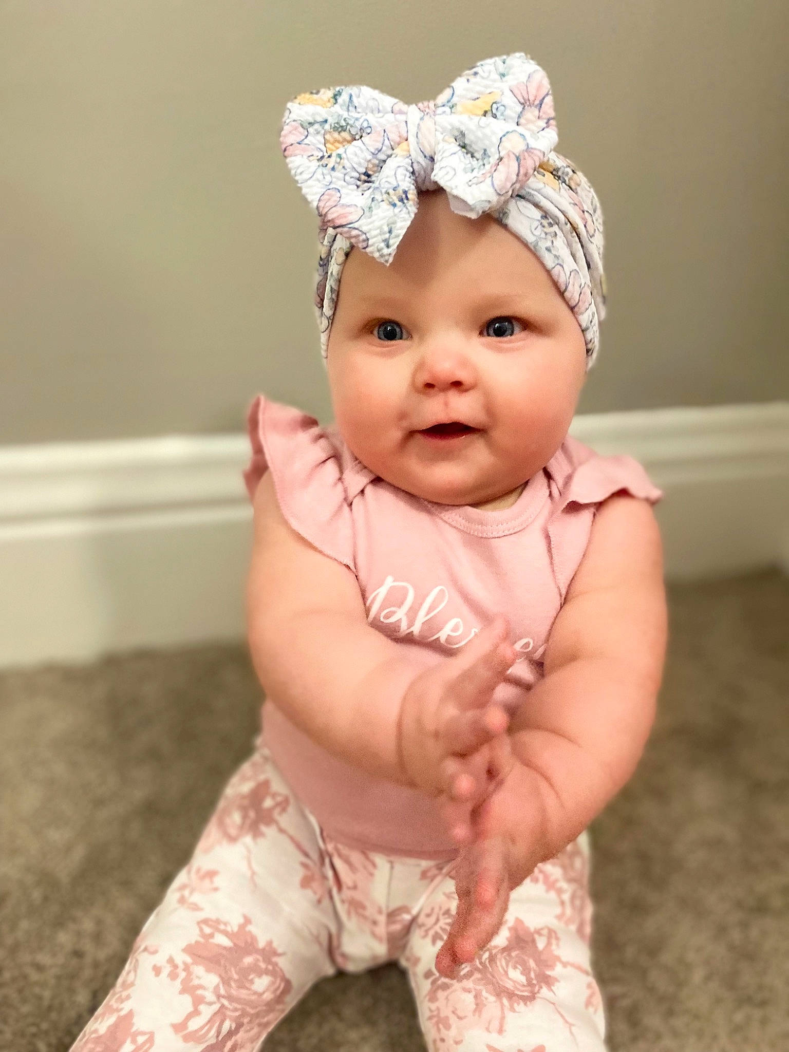 Mykenna joined the competition — help win amazing prizes! baby, baby_toddler_clothing, cap, child, eye, face, facial_expression, finger, fun, happy, head, headband, headgear, headpiece, headwear, iris, person, pink, skin, sleeve
