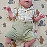 baby, infant, child, smiling, cute, clothing, suspenders, blanket, animal_print, lying_down, happy, portrait, indoor, soft_texture, cartoon, heart, pink, green, toddler, face