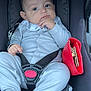 Gogo participe au concours pour gagner de l'argent avec cette photo : baby, child, car_seat, onesie, infant, straps, red_wallet, hand, face, feet, seated, clothing, interior, seatbelt, cute, portrait, young_child, indoors, safety, curious