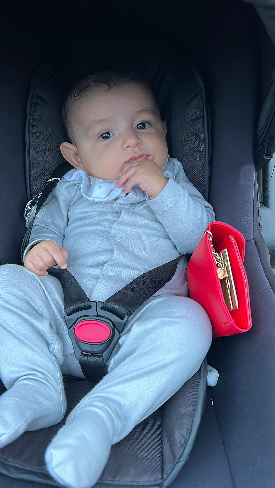 Gogo participe au concours pour gagner de l'argent avec cette photo : baby, child, car_seat, onesie, infant, straps, red_wallet, hand, face, feet, seated, clothing, interior, seatbelt, cute, portrait, young_child, indoors, safety, curious