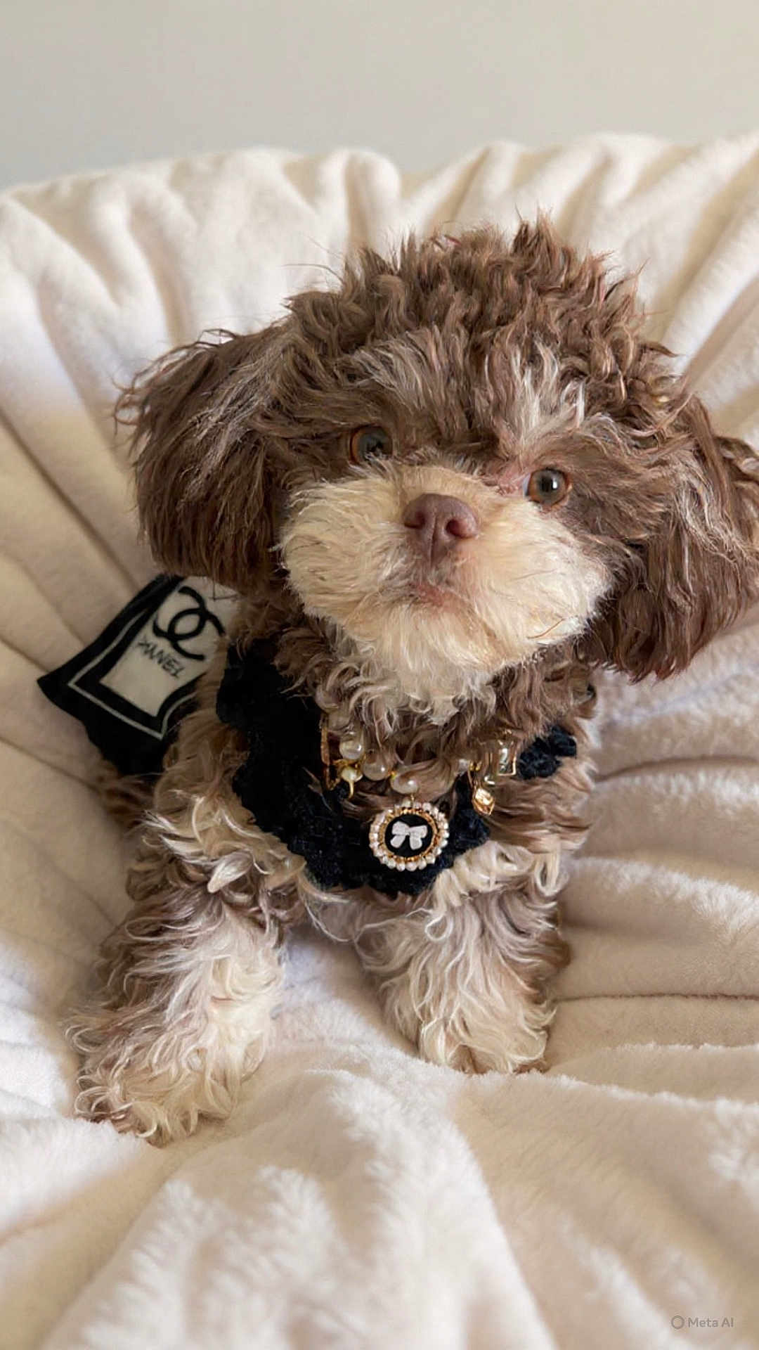 Pumpkin joined the competition — help win amazing prizes! dog, puppy, bed, blanket, fur, brown_fur, white_fur, collar, necklace, jewelry, cute, pet, indoor, closeup, portrait, eyes, nose, paws, cozy, soft