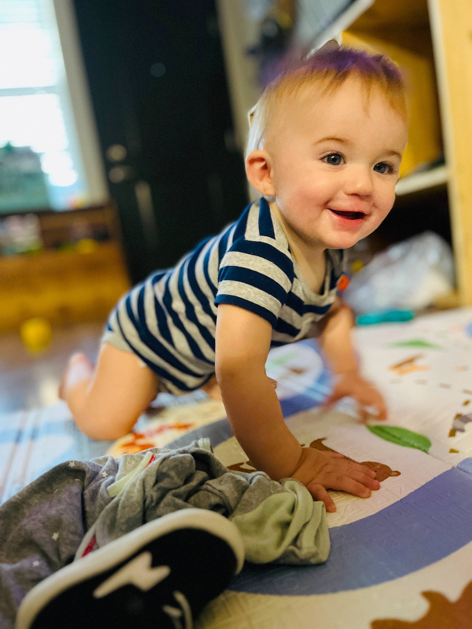 Clayton joined the competition — help win amazing prizes! baby, baby_toddler_clothing, child, crawling, floor, flooring, fun, happy, human_leg, joy, knee, leisure, pattern, person, play, sitting, skin, sleeve, smile, t_shirt