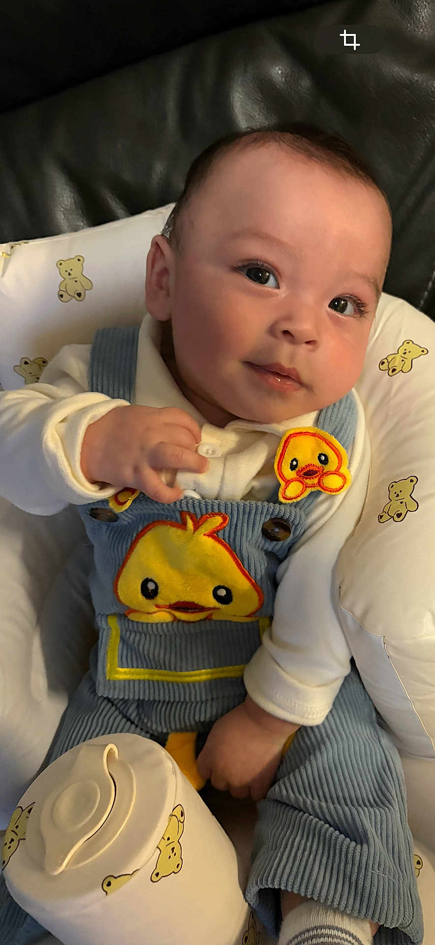 Dylan is registered to the contest to win money with this photo: baby, infant, child, face, eyes, clothing, overalls, duck_patch, hand, baby_seat, teddy_bear_pattern, cute, portrait, skin, sitting, soft_lighting, indoor, cozy, comfortable, expression