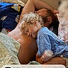 adult, bed, blanket, casual, child, cozy, curly_hair, curtains, family, home, indoor, notification, person, phone_screen, rest, shirtless, sleeping, snuggling, tender_moment, time