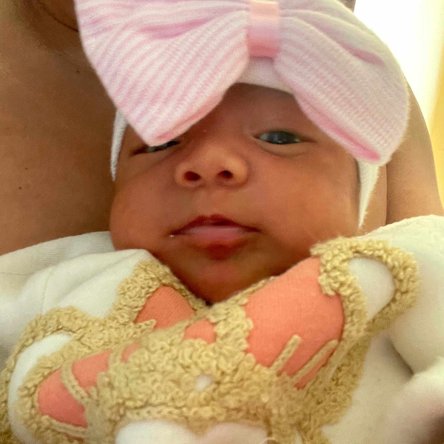 Keylis is registered to the contest to win money with this photo: adult, baby, bow, closeup, clothing, cute, embroidery, face, hand, headband, holding, indoor, infant, person, pink, portrait, skin, soft_light, white, young