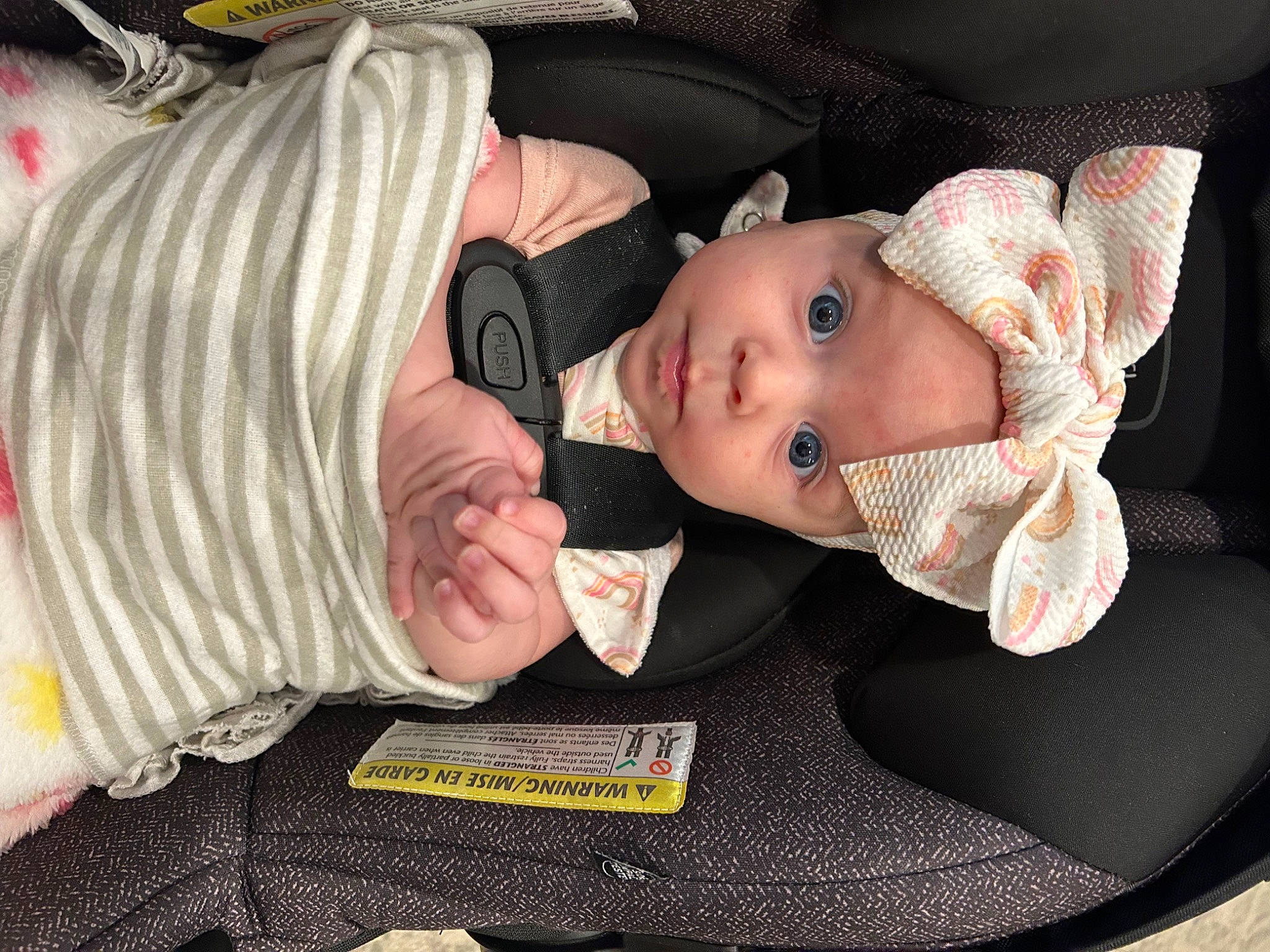 Adaline is registered to the contest to win money with this photo: baby, baby_carriage, baby_products, baby_toddler_clothing, car_seat, carmine, cheek, child, comfort, costume_hat, embellishment, fashion_accessory, hat, headgear, headwear, lap, linens, people, person, sitting