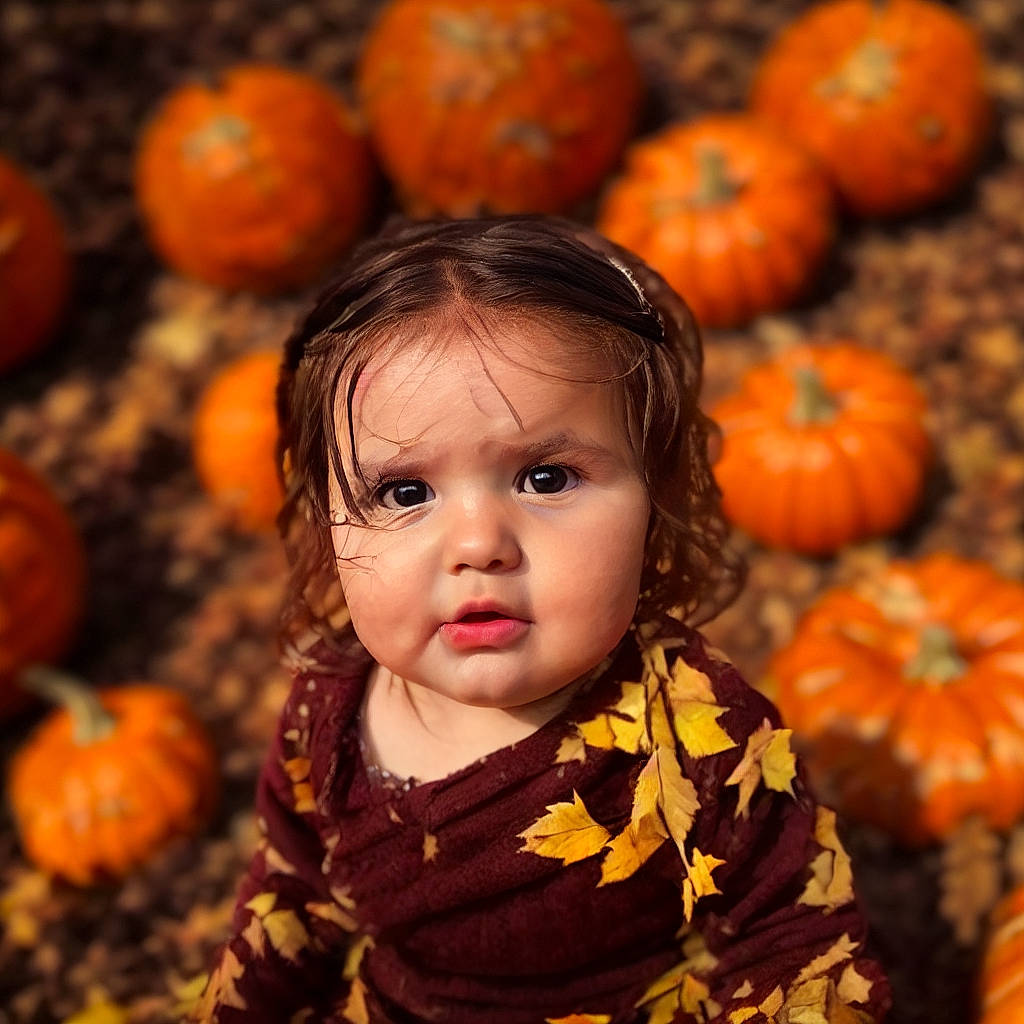 Nina joined the competition — help win amazing prizes! calabaza, cucurbita, facial_expression, gourd, happy, leaf, local_food, morning, natural_foods, nature, orange, people, people_in_nature, person, photograph, plant, pumpkin, squash, vegetable, whole_food