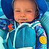 Bentlee is registered to the contest to win money with this photo: baby, child, blue_hat, swimsuit, floatation_device, pool, summer, tropical_print, pineapple, blue, comfort, outdoor, water, relaxation, infant, face, sun_protection, cute, closeup, smile