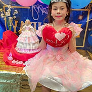 Savanah is registered to the contest to win money with this photo: child, girl, princess, dress, balloons, party, heart_pillow, tiara, doll, pink, blue, purple, yellow, celebration, smiling, jewelry, earrings, necklace, shoes, table