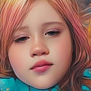 Adaline is registered to the contest to win money with this photo: child, face, portrait, young, girl, hair, pink_hair, blue_jacket, necklace, closeup, soft_light, expression, serene, pastel_colors, artistic, digital_art, fantasy, blurred_background, fashion, jewelry