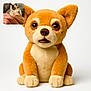 plush_toy, dog, stuffed_animal, brown, beige, cute, big_eyes, sitting, soft, toy, real_dog, blanket, expression, small_inset, fur, pet, indoor, white_background, composite_image, animal