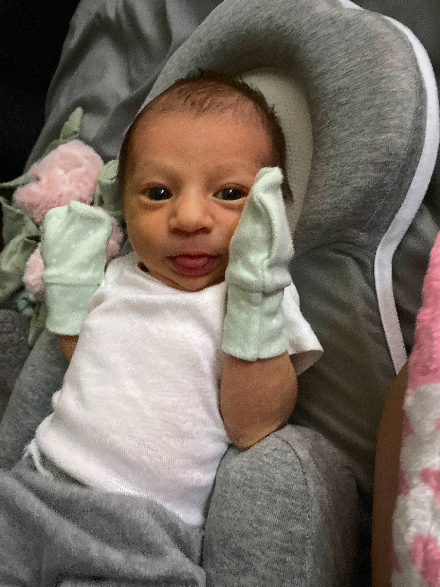 Alaiyah is registered to the contest to win money with this photo: arm, baby, cheek, comfort, ear, eye, eyebrow, facial_expression, finger, gesture, hand, headgear, human_body, lip, mouth, nose, person, skin, sleeve, textile