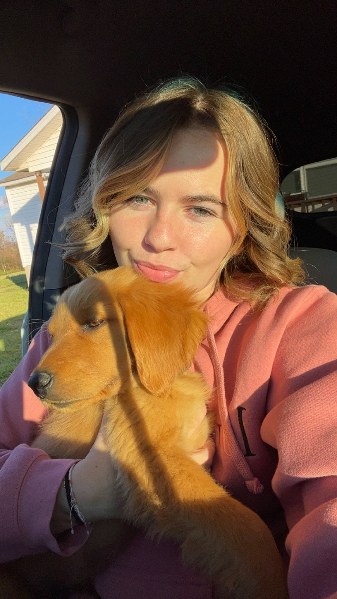 Rusty joined the competition — help win amazing prizes! automotive_lighting, blond, brown_hair, canidae, carnivore, companion_dog, dog, dog_breed, eyewear, family_car, fawn, fur, human_leg, long_hair, personal_luxury_car, selfie, sitting, snout, sporting_group, vehicle_door