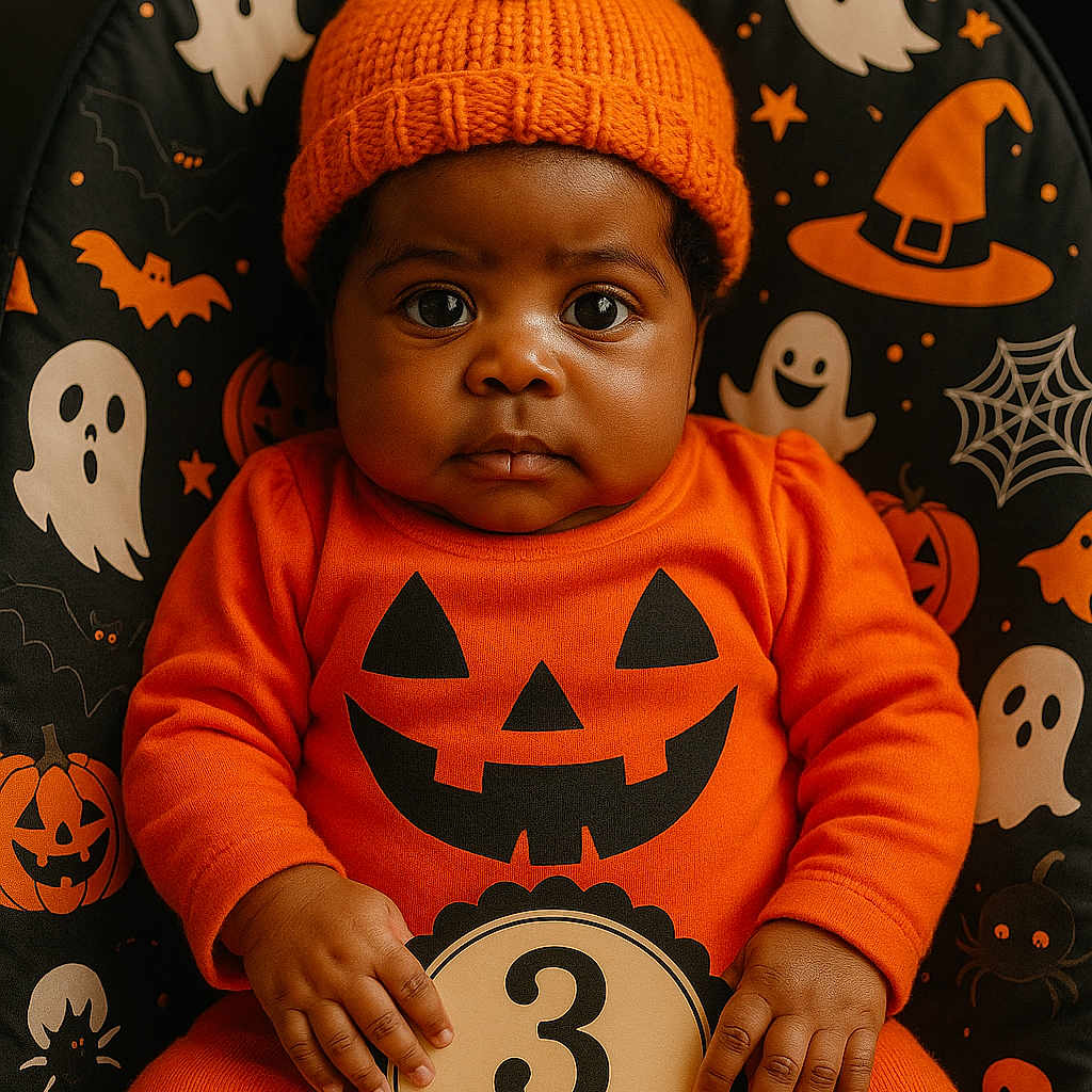 Jaki joined the competition — help win amazing prizes! baby, bat, child, costume, cute, decor, ghost, halloween, holiday, infant, knit_hat, orange_clothing, portrait, pumpkin, seasonal, sitting, smiling, spider_web, spooky, witch_hat