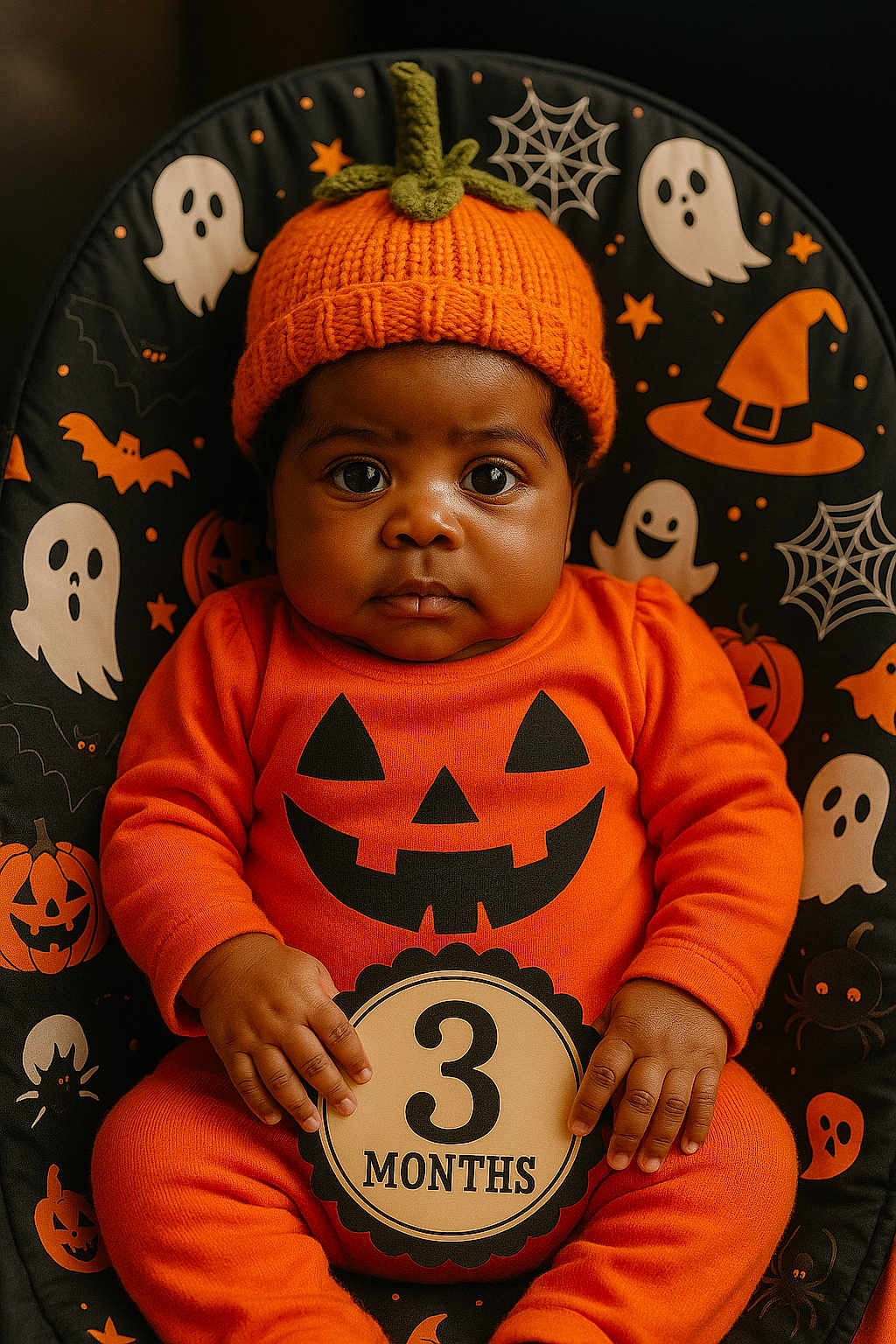 Jaki joined the competition — help win amazing prizes! baby, infant, halloween, pumpkin, orange_clothing, knit_hat, cute, costume, holiday, seasonal, spooky, ghost, witch_hat, spider_web, bat, smiling, child, portrait, sitting, decor