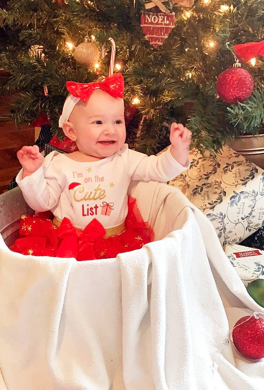 Ensley joined the competition — help win amazing prizes! baby, baby_toddler_clothing, child, christmas, christmas_ornament, christmas_tree, costume_hat, event, fun, happy, hat, holiday, joy, natural_foods, person, red, smile, strawberry, tableware, toddler