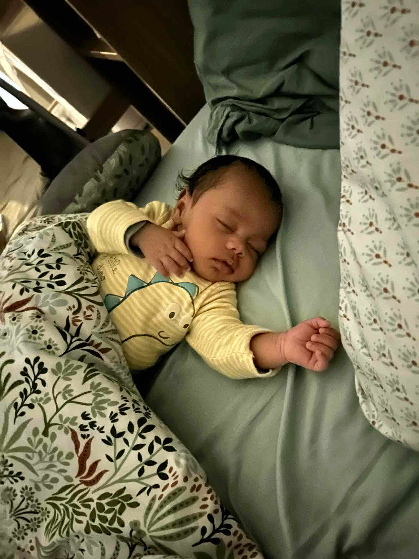 Samuel a rejoint le concours — aidez-le/la à gagner de superbes lots ! baby, sleeping, infant, bed, blanket, onesie, dinosaur, hand, face, peaceful, cozy, pattern, leafy, furniture, indoors, child, cute, rest, soft, portrait