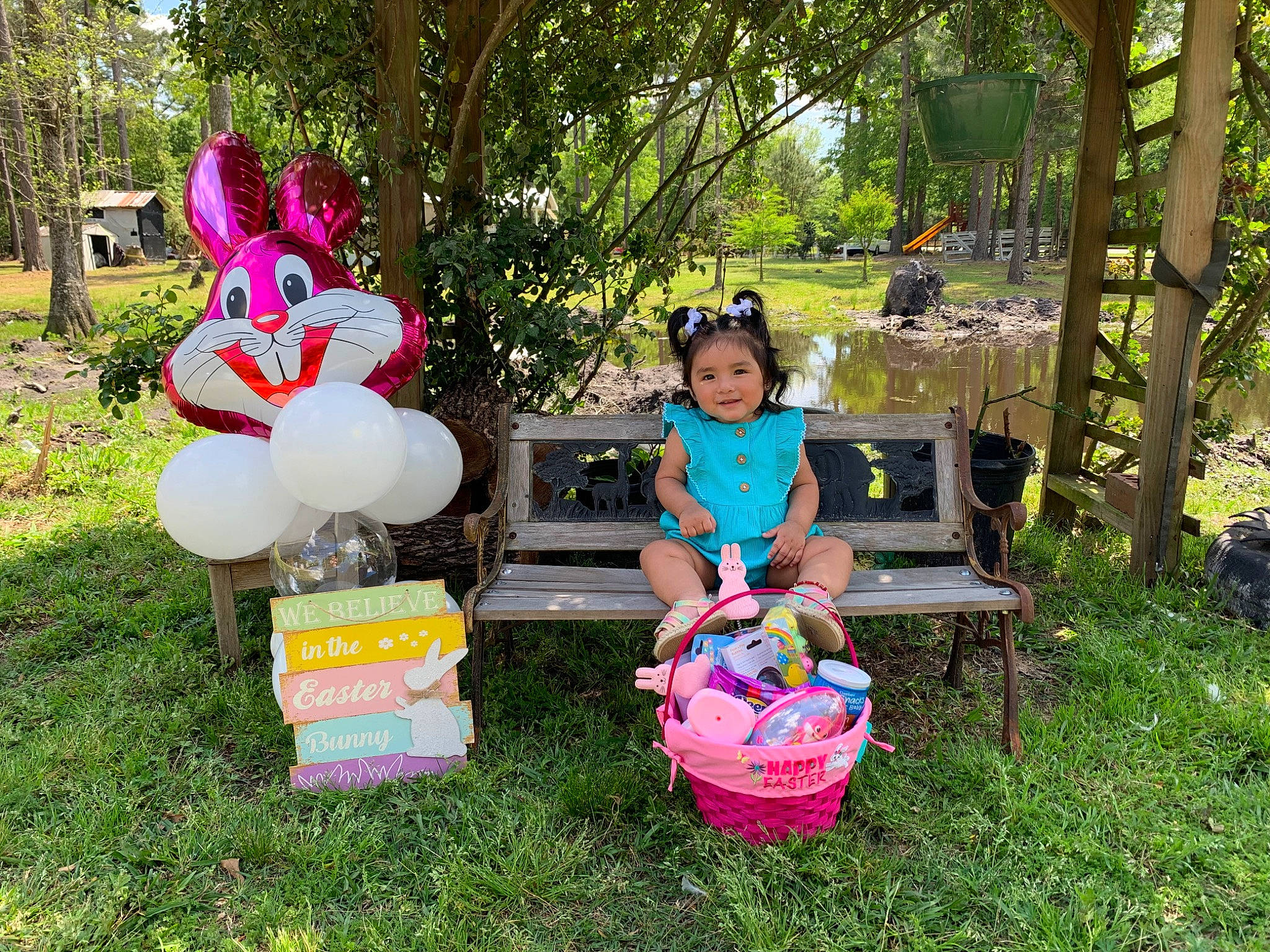 Ximena is registered to the contest to win money with this photo: beauty, event, fun, grass, green, happy, hat, joy, lawn, leisure, mammal, outdoor_bench, person, pink, plant, recreation, smile, summer, toddler, toy
